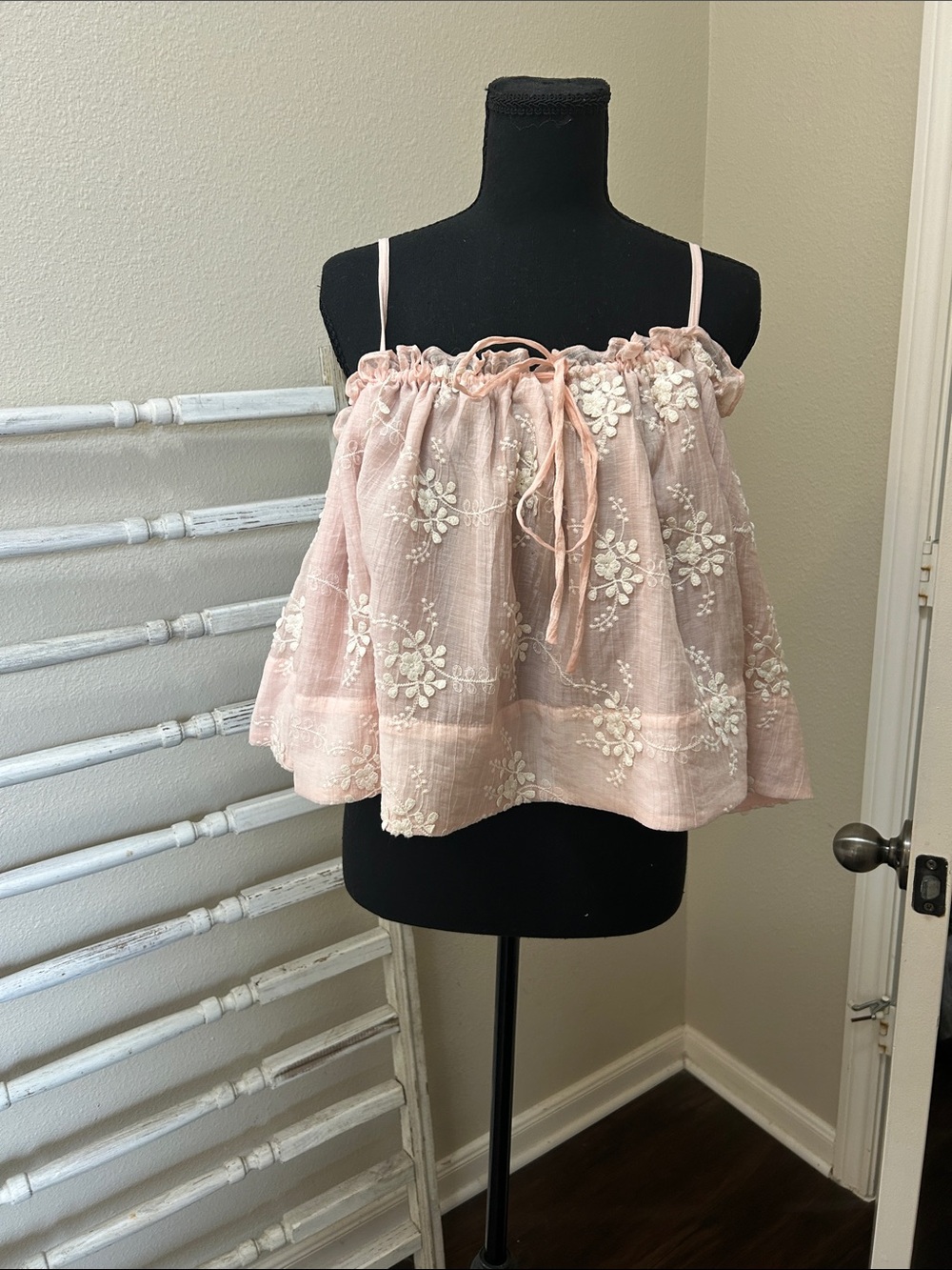 Delicate Embroidered Blush Pink Women's Spaghetti Strap Top